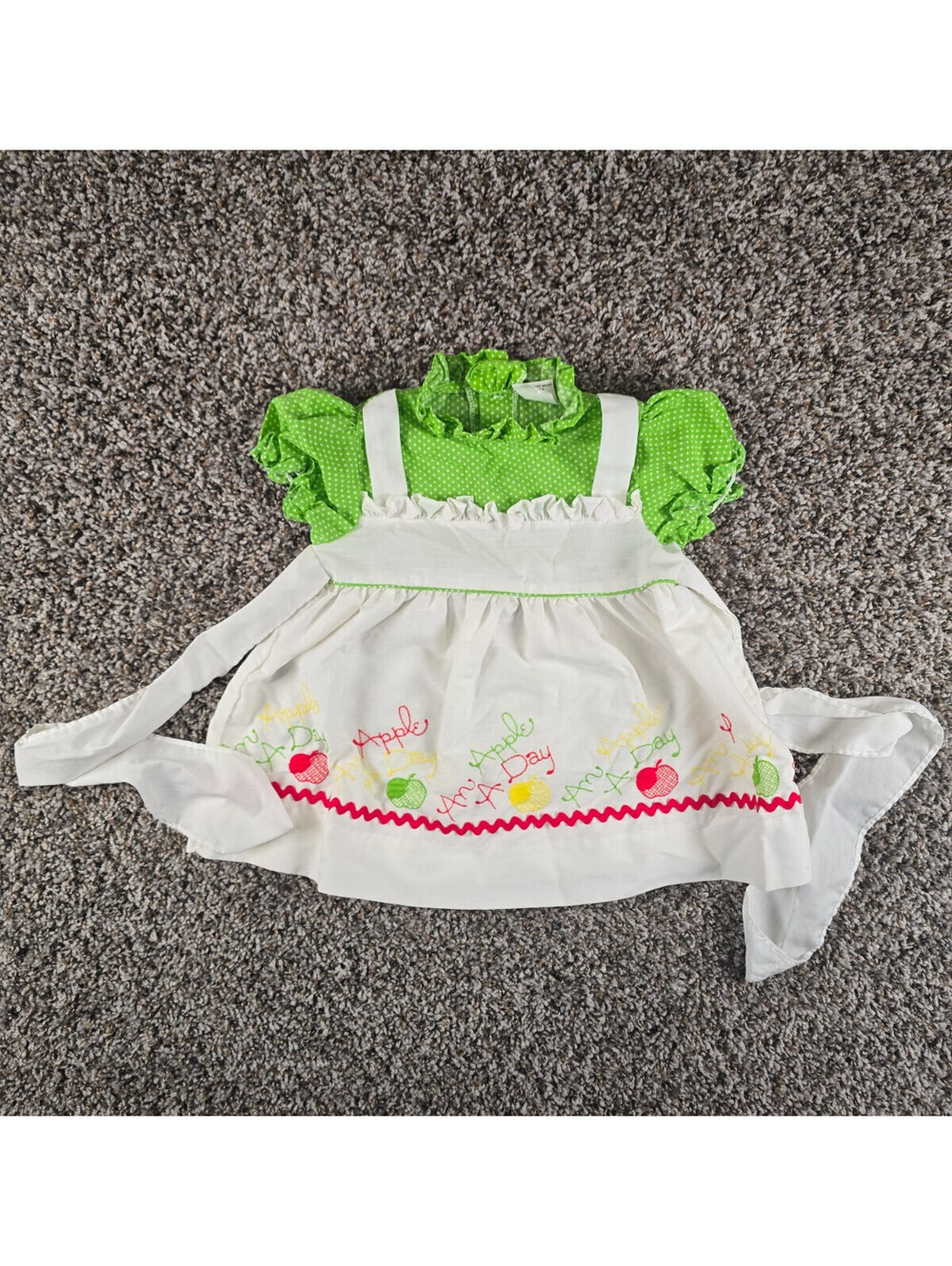 Vtg 1970s Sears Girls Sz 2T Apron Dress Green Gingham Apple a Day Embroidered